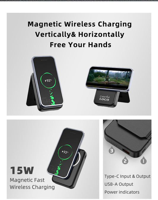 10000mAh Magnetic Wireless Power Bank & PU Leather Wallet – 15W Fast Charging Phone Stand