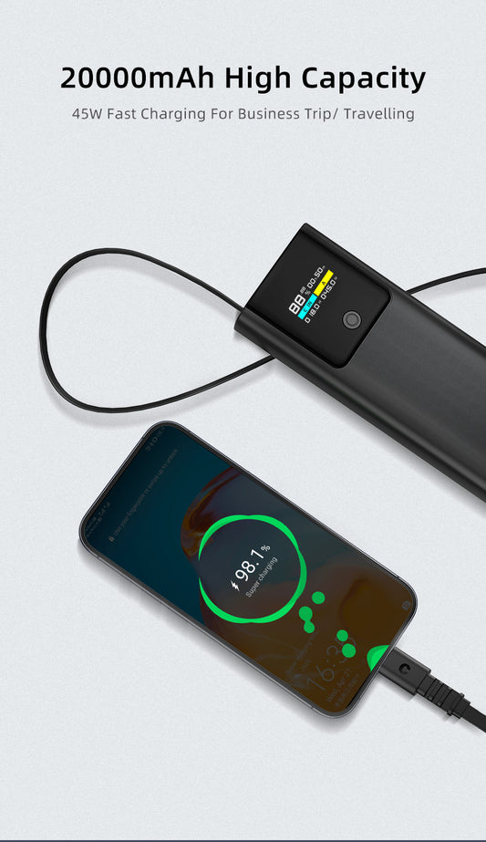 P318 20000mAh 45W Fast Charging Power Bank – Built-in Retractable USB-C Cable & Smart TFT Display