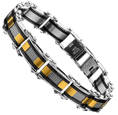 Angled perspective of the INOX dual-tone reversible bracelet showcasing its flexible link structure and premium 316L build.