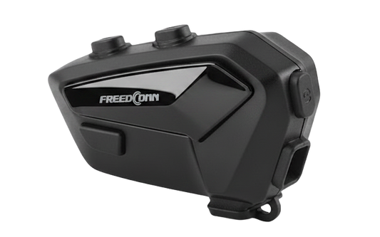 Detailed side view of the Freedconn FX-Plus showing button layout and charging/aux port — rugged, water-resistant design for easy helmet mounting.