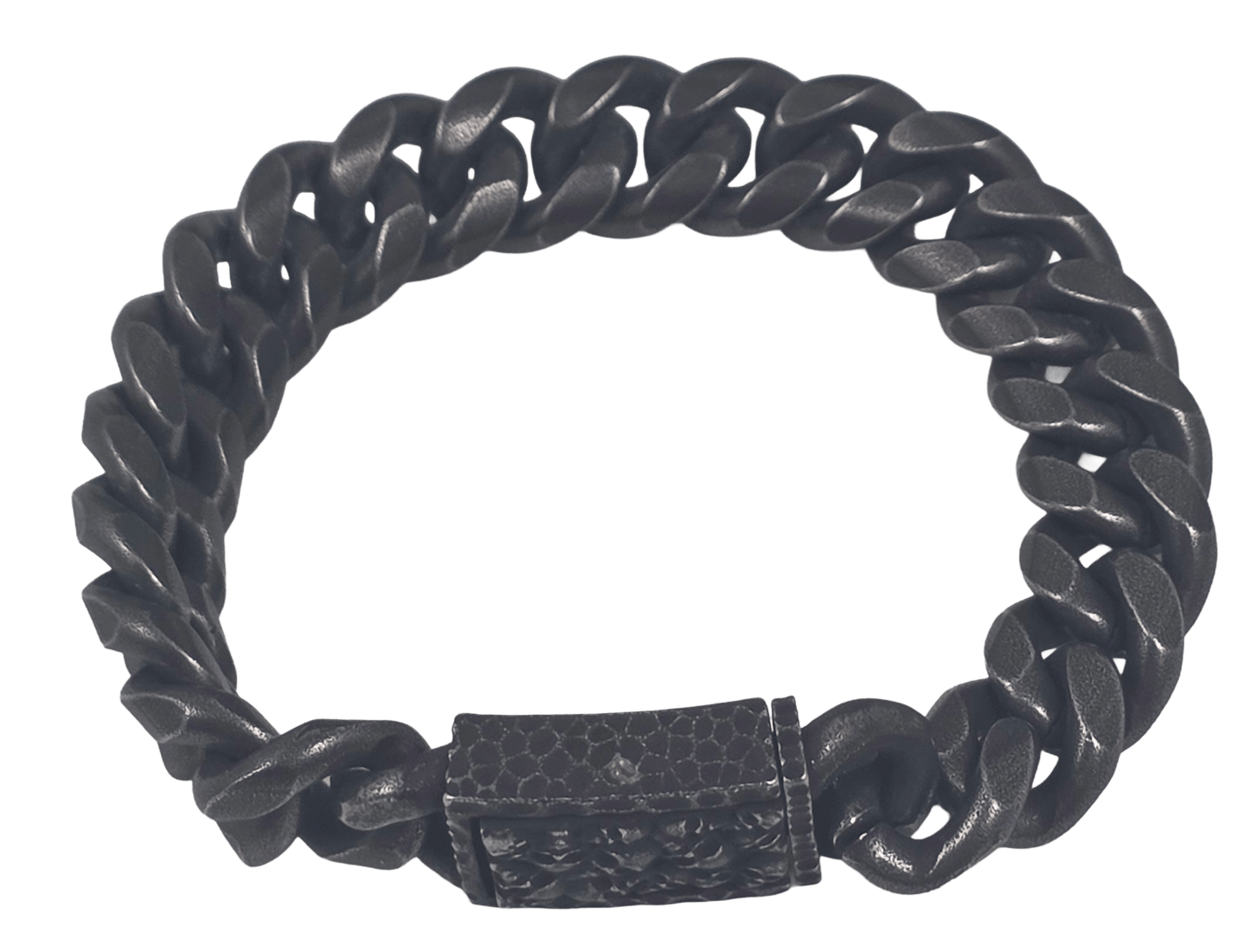 Heavy-duty black Cuban link chain bracelet featuring an engraved push-release clasp