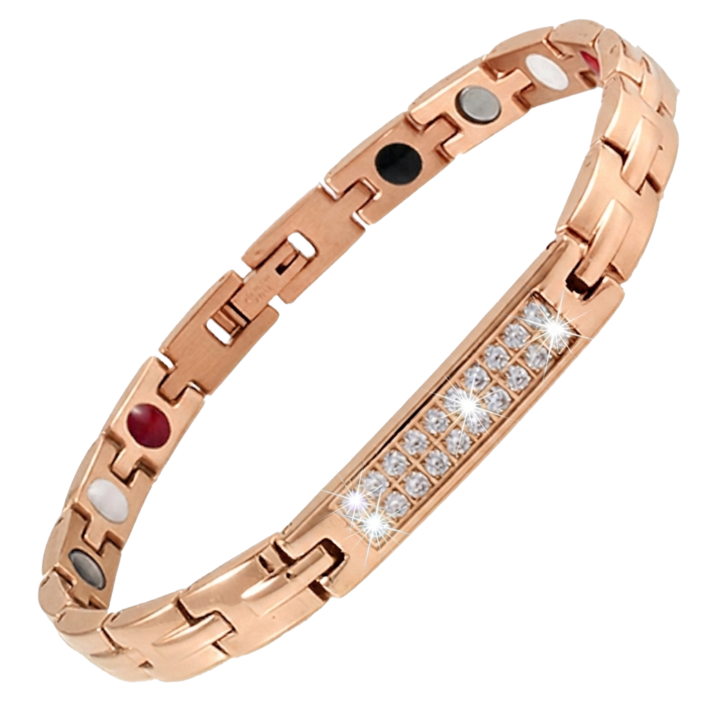 Women's rose gold-plated stainless steel link magnetic bio-health bracelet featuring a central row of small accent crystals and secure clasp.