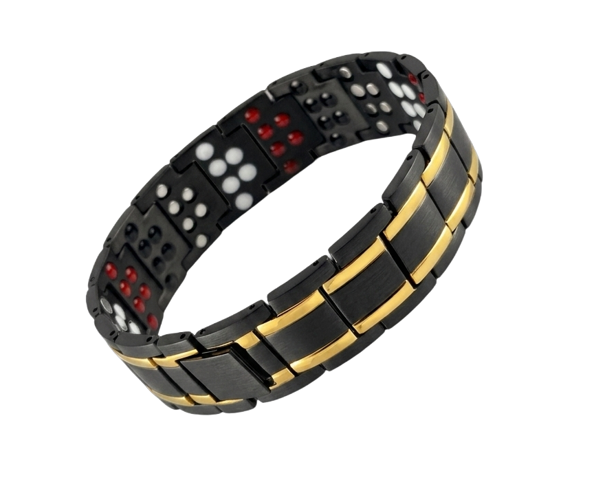 Men's black stainless steel magnetic bracelet with gold stripes featuring inner Germanium and Negative Ion therapy inserts