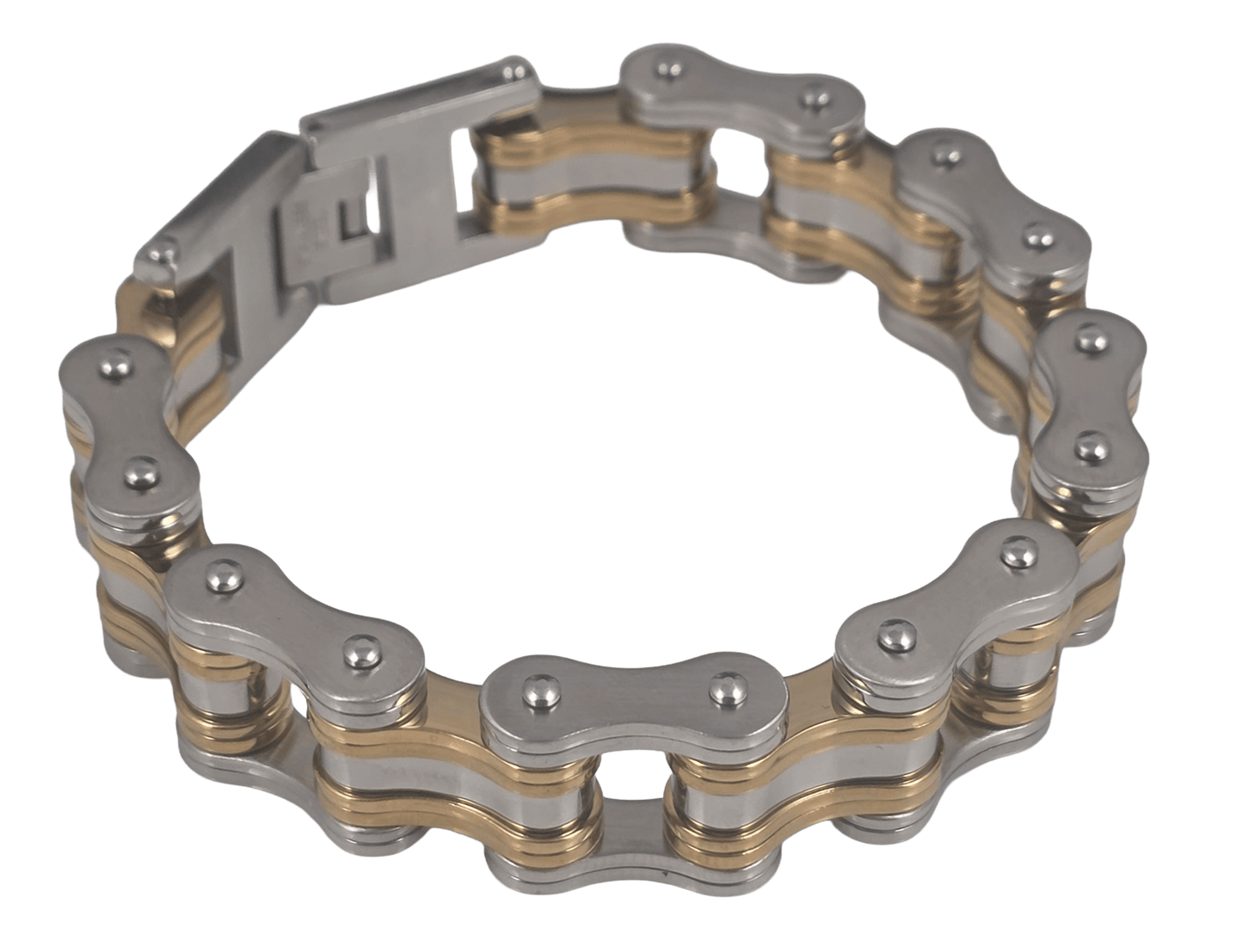 Men's 8.5 inch gold and silver IP plated stainless steel bike chain link bracelet with fold-over clasp.