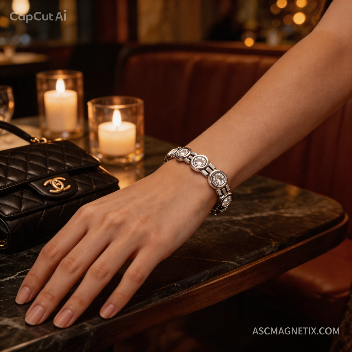 Women wearing a silver-toned stainless steel bio-health magnetic crystal bracelet with a black evening bag and glowing candles in the background.