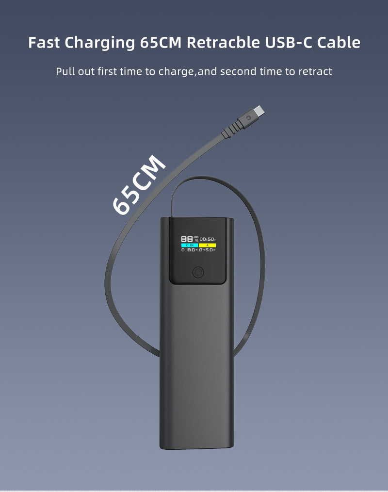 P318 20000mAh 45W Fast Charging Power Bank – Built-in Retractable USB-C Cable & Smart TFT Display