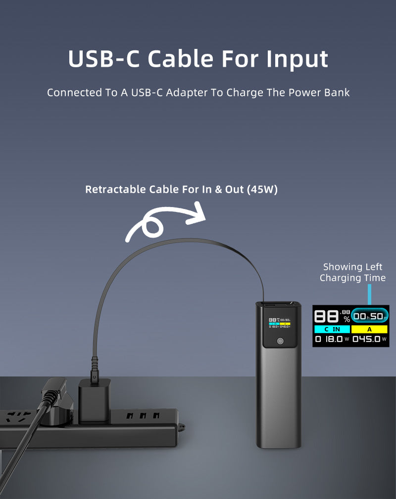 P318 20000mAh 45W Fast Charging Power Bank – Built-in Retractable USB-C Cable & Smart TFT Display
