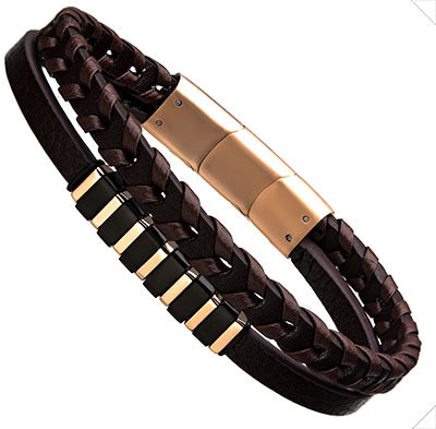 Close-up of rose gold magnetic clasp on ASC MAGNETIX men's brown leather bracelet