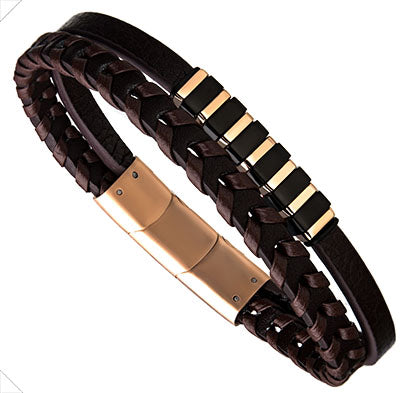 Side angle view of ASC MAGNETIX triple-layer brown braided leather men's bracelet