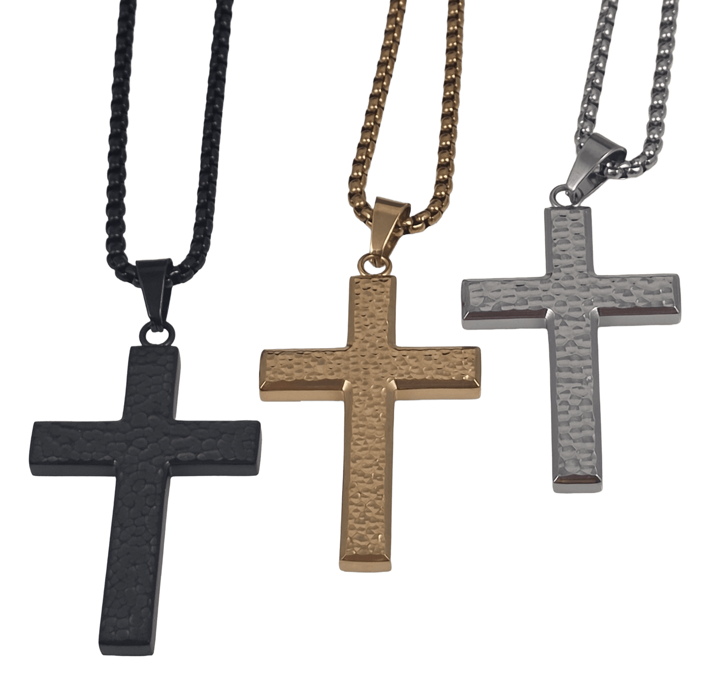 straight view of an all-black or all gold and all silver IP-plated stainless steel cross pendant featuring a rugged, hammered dimple texture on the main body, framed by polished edges, hanging on a black box chain against a black background.