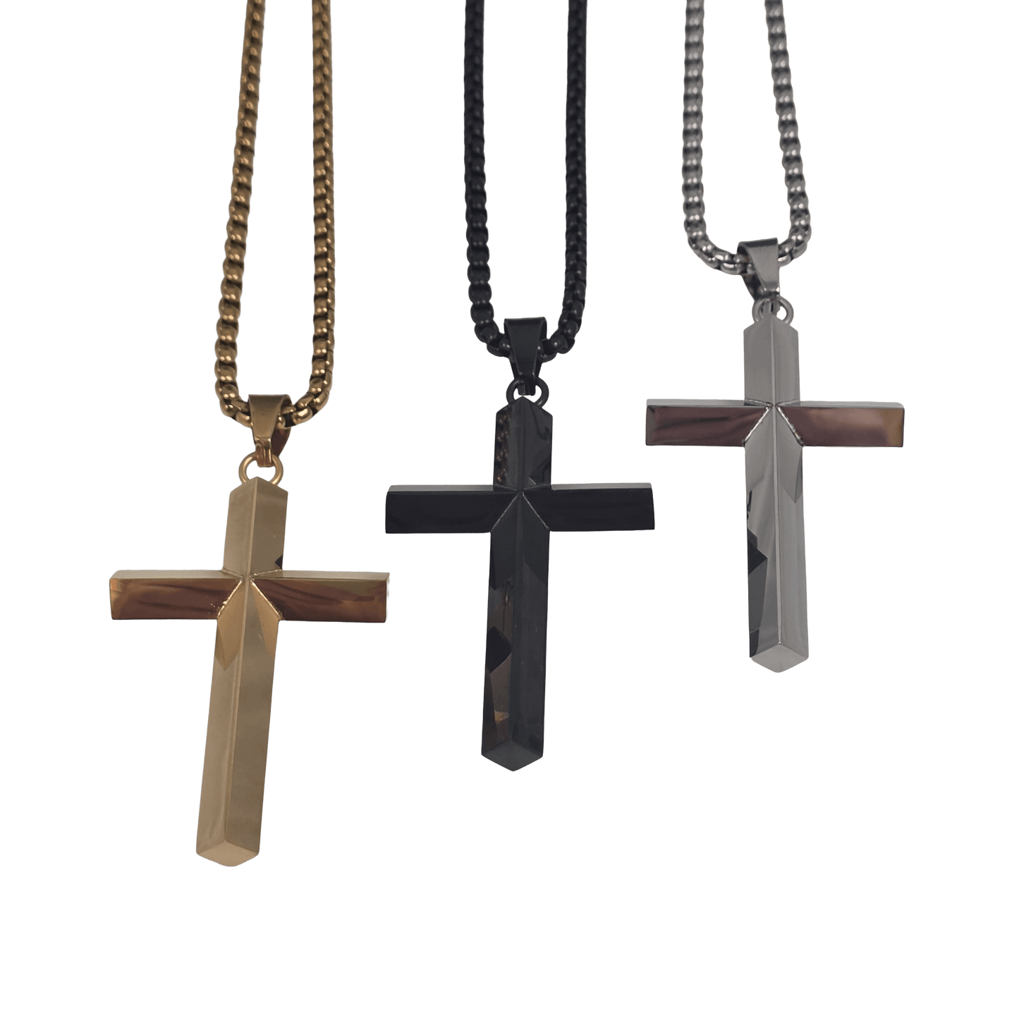 Three stainless steel cross pendants available in gold-silver and classic silver with a clean, high-polish mirror finish on a matching  box chain against a black background.