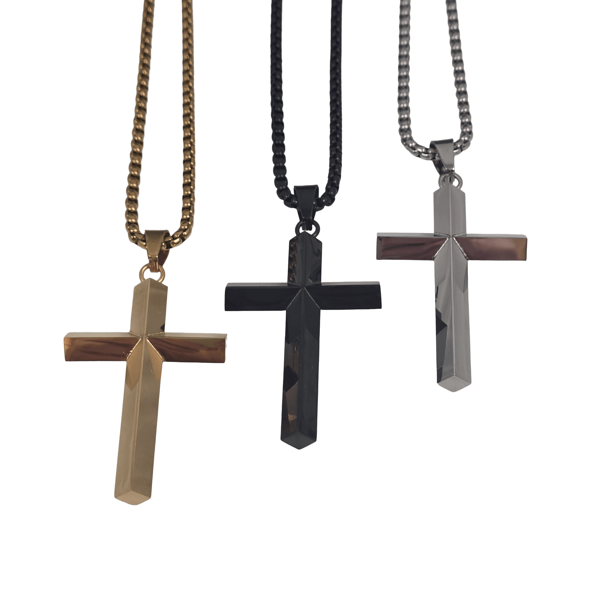 Three stainless steel cross pendants available in gold-silver and classic silver with a clean, high-polish mirror finish on a matching  box chain against a black background.