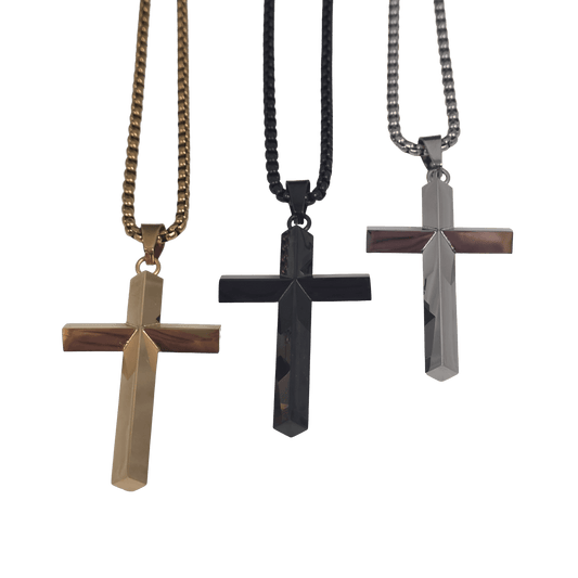 Three stainless steel cross pendants available in gold-silver and classic silver with a clean, high-polish mirror finish on a matching  box chain against a black background.