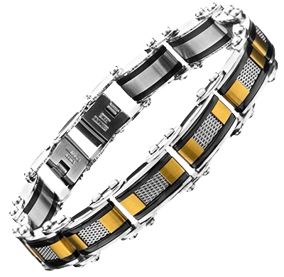 Detailed view of the INOX reversible bracelet highlighting the unique industrial-inspired exposed steel mesh pattern.