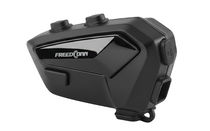 Detailed side view of the Freedconn FX-Plus showing button layout and charging/aux port — rugged, water-resistant design for easy helmet mounting.