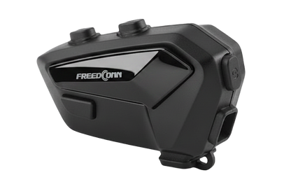 Detailed side view of the Freedconn FX-Plus showing button layout and charging/aux port — rugged, water-resistant design for easy helmet mounting.
