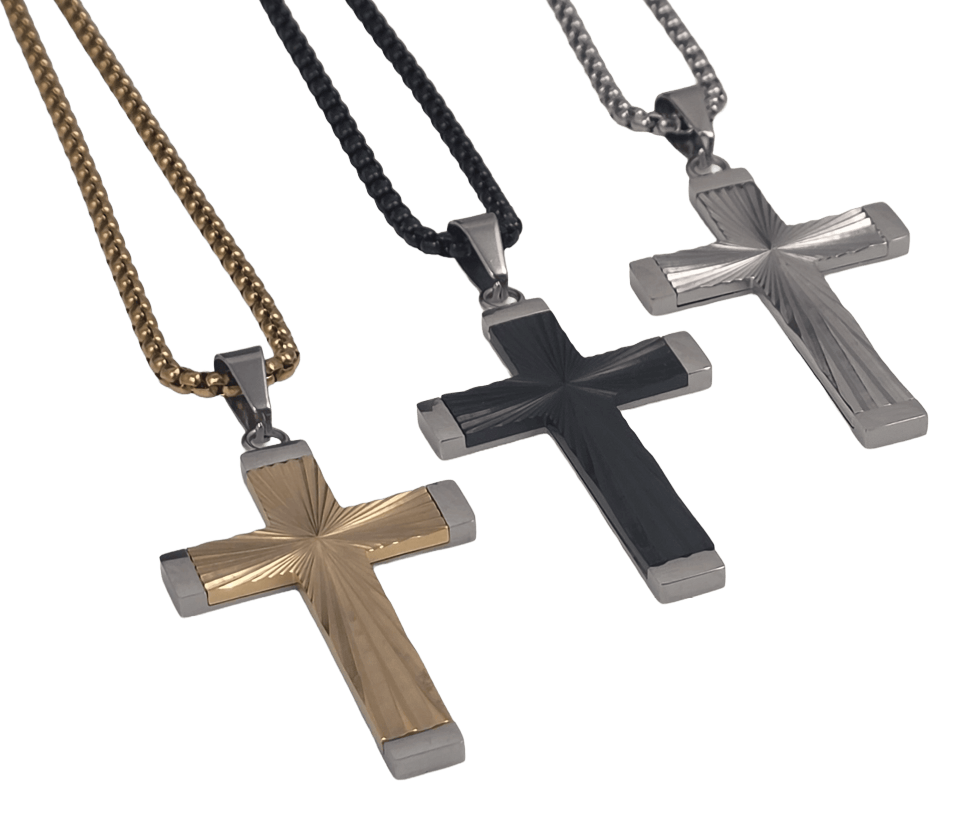 Gold black and silver-tone stainless steel cross pendant necklace featuring a radiant sunburst radial texture in the center, framed by smooth polished borders, hanging on a gold box chain against a black background.