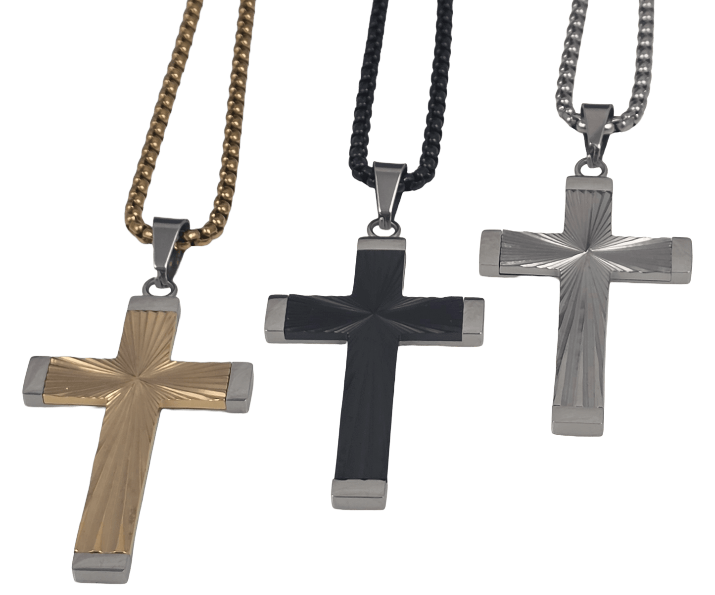 Gold black and silver-tone stainless steel cross pendant necklace featuring a radiant sunburst radial texture in the center, framed by smooth polished borders, hanging on a gold box chain against a black background.