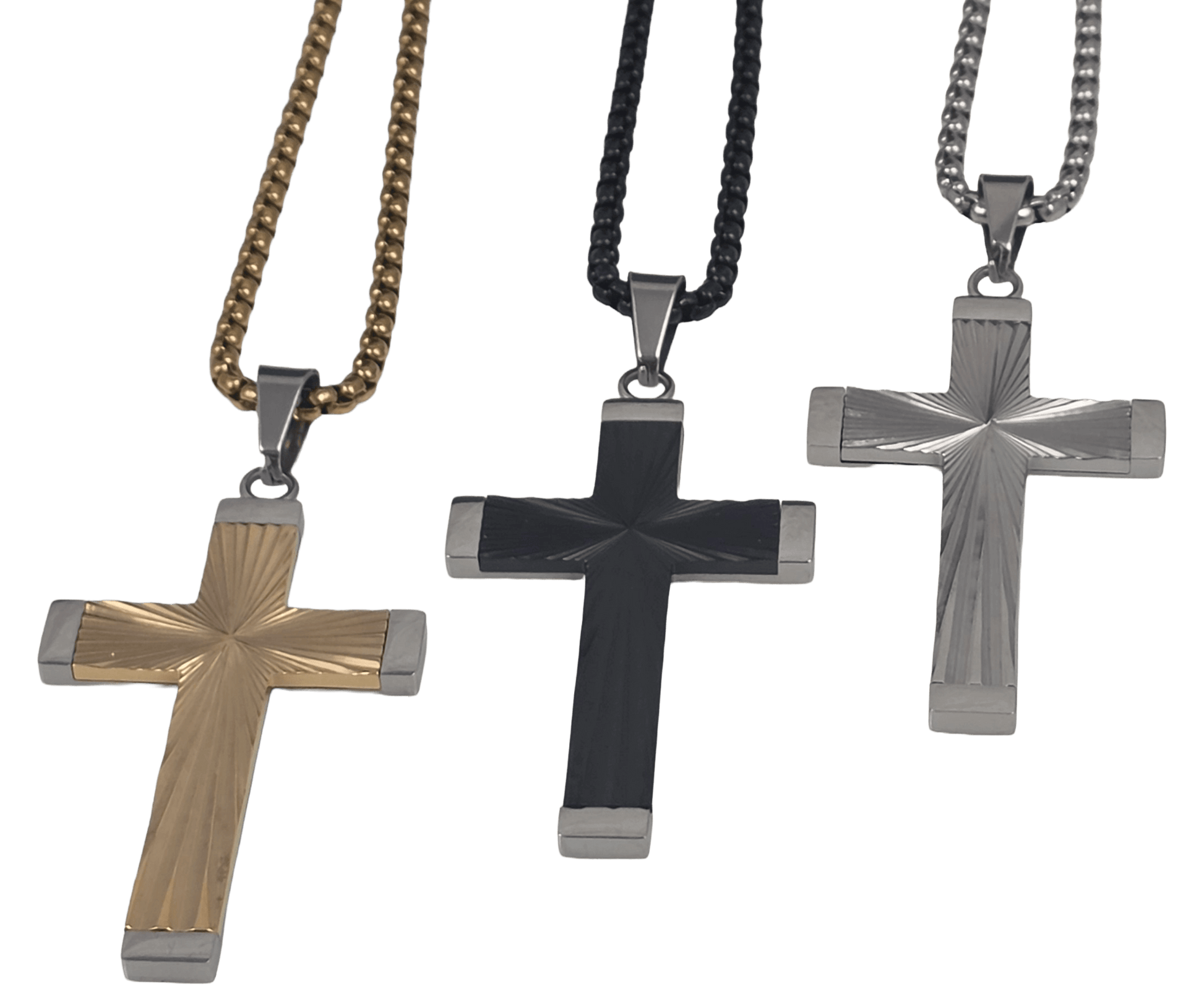 Gold black and silver-tone stainless steel cross pendant necklace featuring a radiant sunburst radial texture in the center, framed by smooth polished borders, hanging on a gold box chain against a black background.