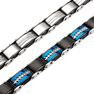 Detailed view of the INOX reversible bracelet showcasing the striking blue IP and black Ion-Plated textured side.