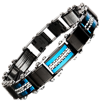 Full-length flat lay view of the INOX stainless steel reversible bracelet displaying its secure fold-over clasp.