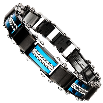 Close-up view of the INOX double-sided stainless steel bracelet highlighting the alternating black IP and vibrant blue IP reversible links.