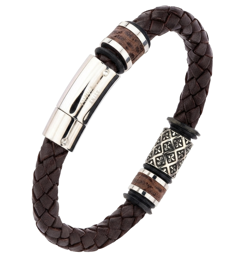 A men's brown braided full grain cowhide leather bracelet featuring a central silver-toned Fleur-de-Lis patterned cylinder, textured metal spacer beads, and a polished stainless steel magnetic clasp.