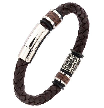 A men's brown braided full grain cowhide leather bracelet featuring a central silver-toned Fleur-de-Lis patterned cylinder, textured metal spacer beads, and a polished stainless steel magnetic clasp.