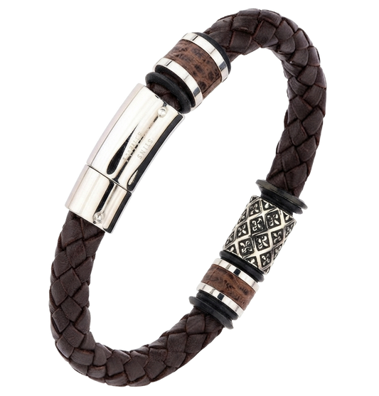 A men's brown braided full grain cowhide leather bracelet featuring a central silver-toned Fleur-de-Lis patterned cylinder, textured metal spacer beads, and a polished stainless steel magnetic clasp.
