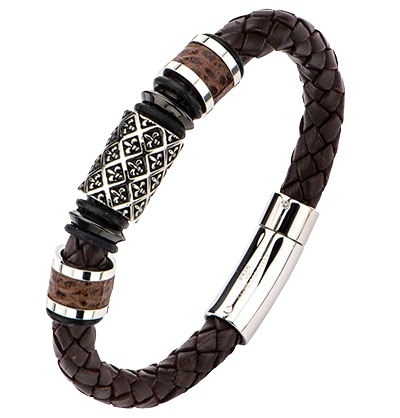 A men's brown braided full grain cowhide leather bracelet featuring a central silver-toned Fleur-de-Lis patterned cylinder, textured metal spacer beads, and a polished stainless steel magnetic clasp.