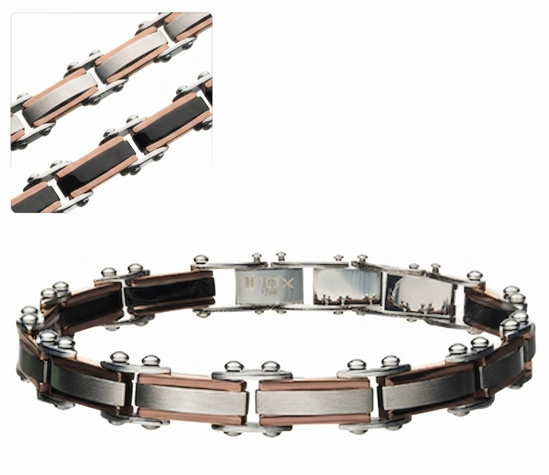 Full layout view of the INOX reversible stainless steel bracelet displaying its secure fold-over clasp.