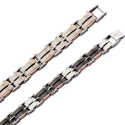 Close-up view of the INOX men's reversible black and rose gold IP stainless steel bracelet BRDDS03 showing both dual-sided finishes.