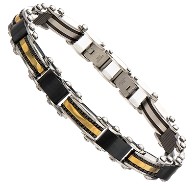 Side-by-side view showing both reversible sides of the INOX men's gold IP and stainless steel striped bracelet.