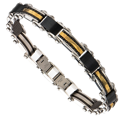 Full layout view of the INOX reversible men's stainless steel bracelet displaying its secure fold-over clasp mechanism.