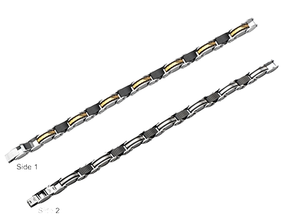 Close-up of the INOX reversible men's bracelet displaying the luxurious gold IP finish and embedded black crystals.