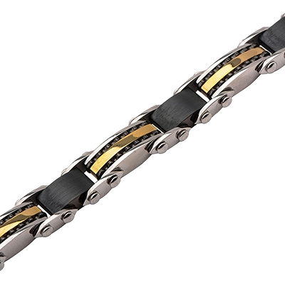 Detailed view of the INOX men's bracelet featuring durable stainless steel with black stripes and carved rippled texture.