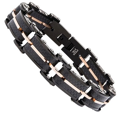 Detailed view of the reliable fold-over clasp on the INOX men's solid carbon graphite and rose gold IP link bracelet.