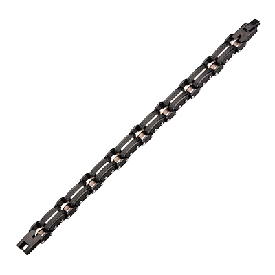 Angled full-length view of the INOX men's solid carbon graphite and rose gold IP link bracelet highlighting its textured links and secure clasp.