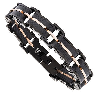 Angled perspective view of the INOX solid carbon graphite and rose gold IP link bracelet displaying its lightweight profile.