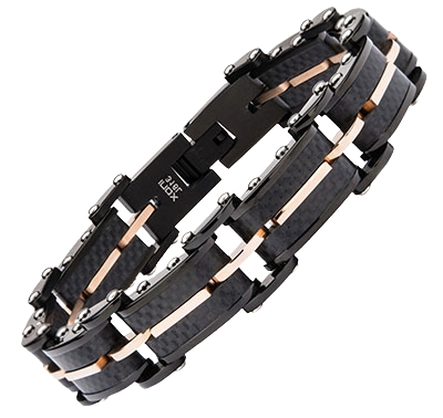 Close-up detail of the INOX men's bracelet showing the fusion of solid carbon graphite and rose gold ion-plated stainless steel links.
