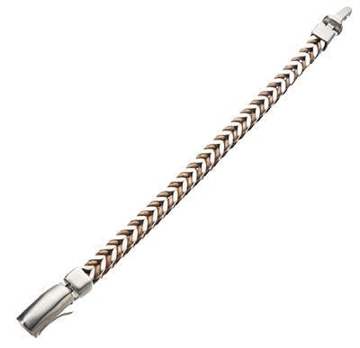 Full-length view of the INOX men's two-tone woven stainless steel bracelet laid out straight to show the adjustable length and pattern.