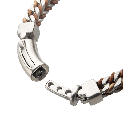 Open view of the INOX two-tone woven stainless steel bracelet displaying the polished stainless steel magnetic slide clasp mechanism.