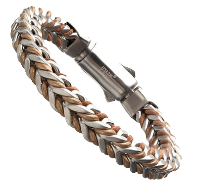 Close-up view of the INOX men's two-tone woven stainless steel bracelet showing the interlocking textured silver and bronze-toned pattern.