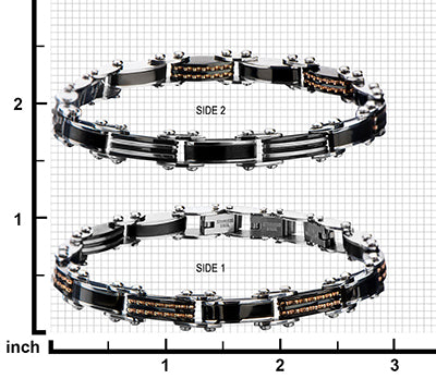 Detailed view of the INOX men's reversible bracelet highlighting the bold black face accented with shimmering rose gold crystals.