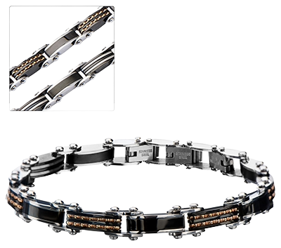 Close-up view of the INOX men's reversible rose gold crystal and black IP stainless steel bracelet showcasing both dual-sided finishes.