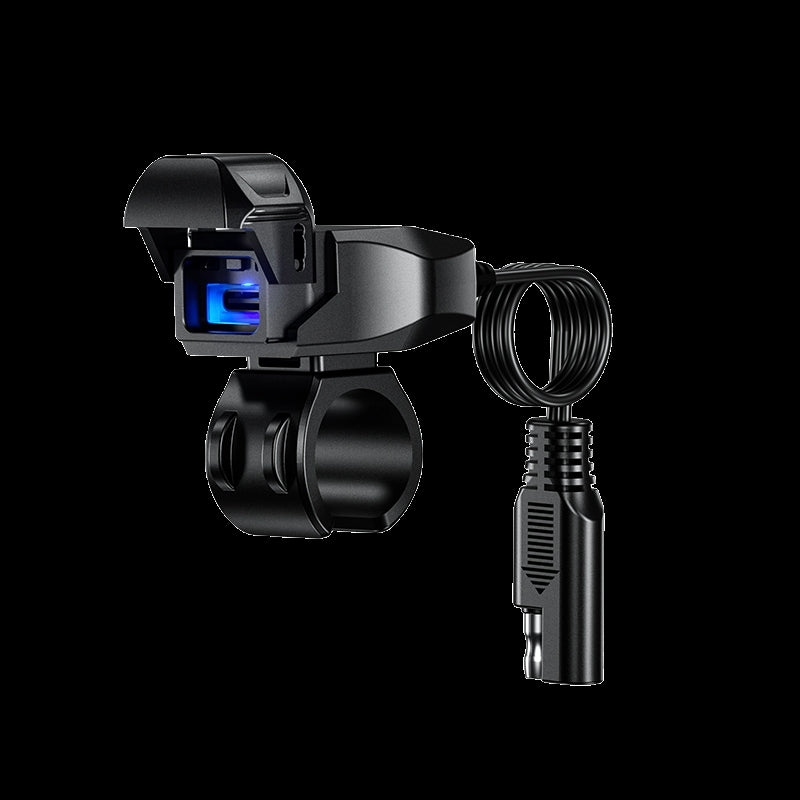 KWG‑B10C weather‑resistant USB‑C (Type‑C 36W) handlebar charger with integrated clamp, LED status indicator, and direct‑to‑battery connector cable for reliable fast charging on motorcycles.