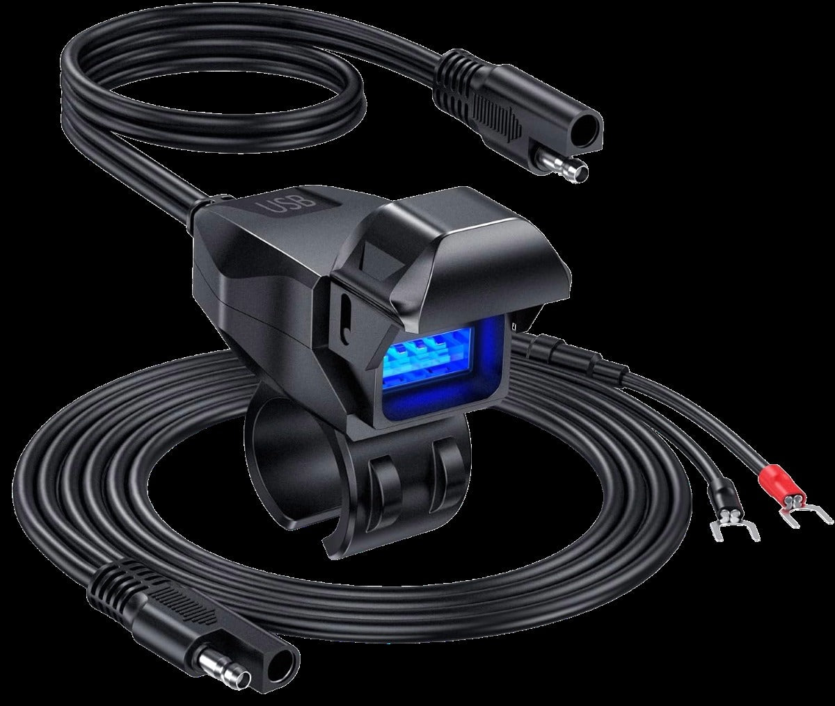 KWG‑B10A weather‑resistant handlebar phone charger (QC3.0 USB, 18W) with integrated clamp and direct‑to‑battery connector cable; secure mounting and LED status indicator for reliable on‑bike charging.