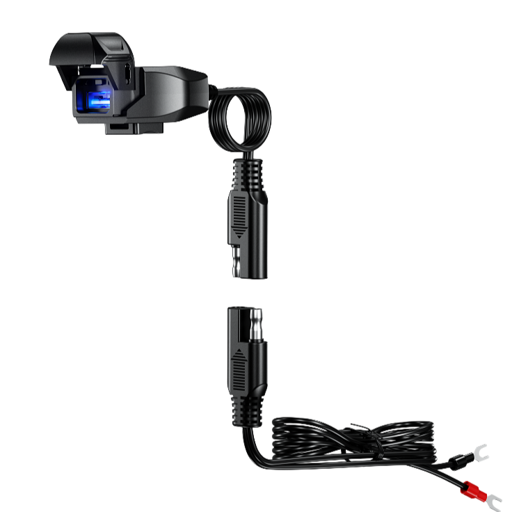 KWG series handlebar phone charger with detachable connector cable and spade terminals for secure 12–24V direct-to-battery motorcycle installation.