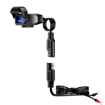 KWG series handlebar phone charger with detachable connector cable and spade terminals for secure 12–24V direct-to-battery motorcycle installation.