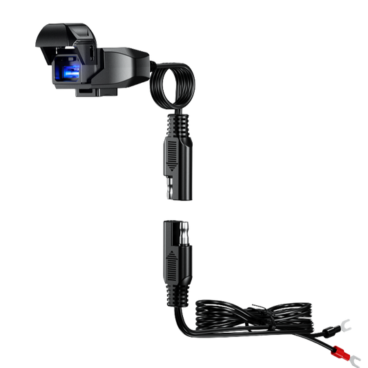 KWG series handlebar phone charger with detachable connector cable and spade terminals for secure 12–24V direct-to-battery motorcycle installation.